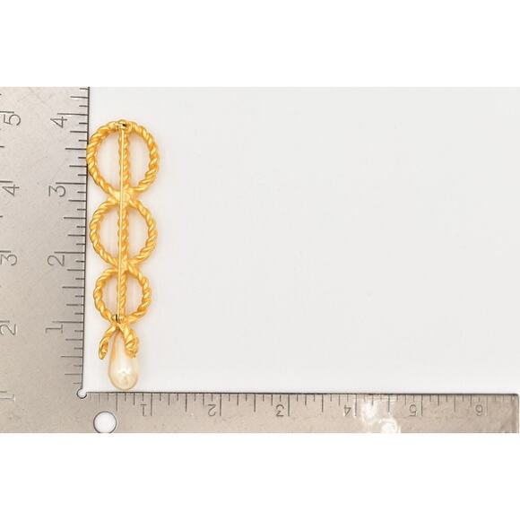 Givenchy Vintage Big Rope Pin Brooch Matte Brushed Gold Pearl Chunky Signed BinJ - Picture 12 of 12